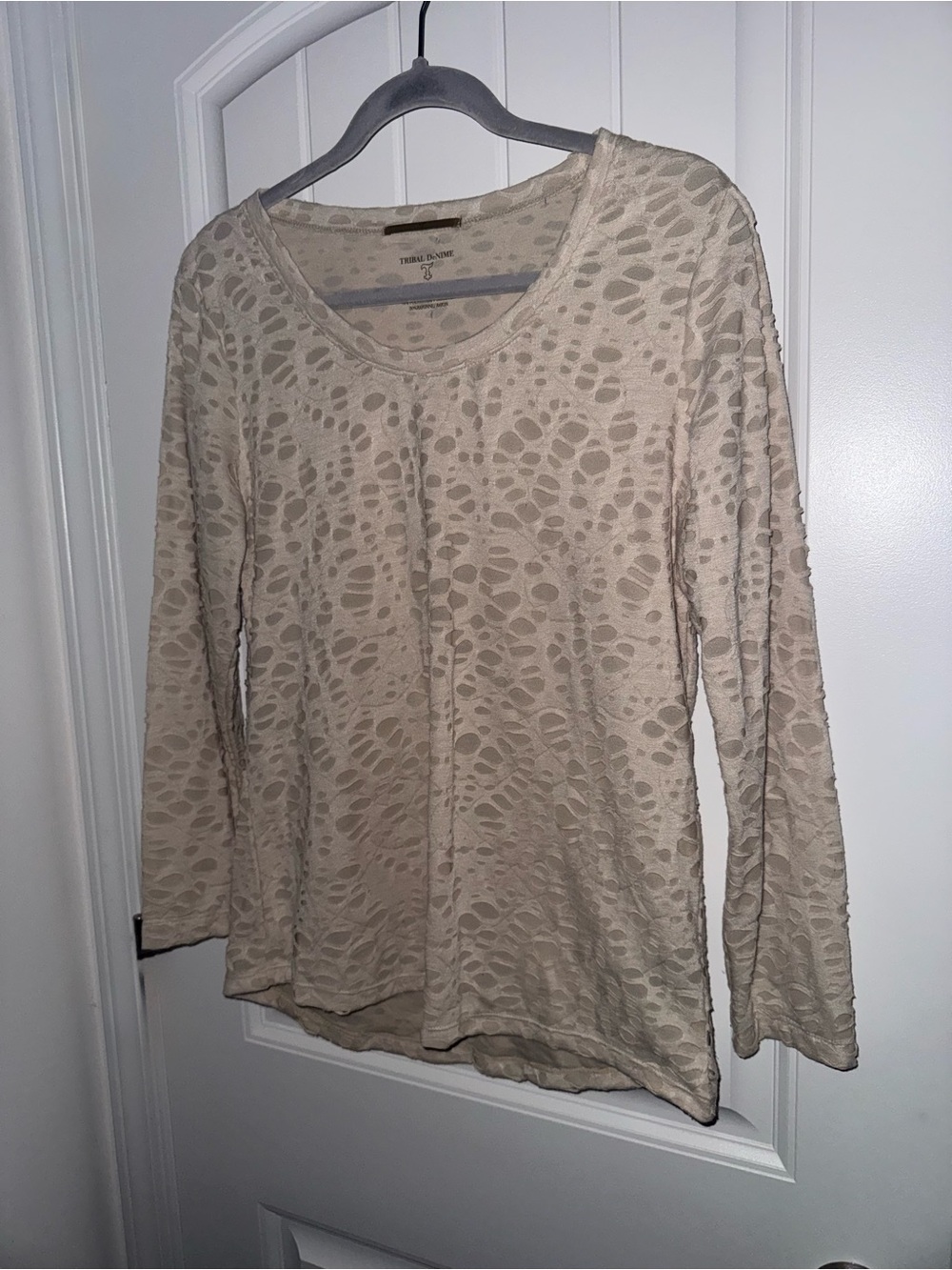 Textured Scoop Neck Long Sleeve Top - Cream